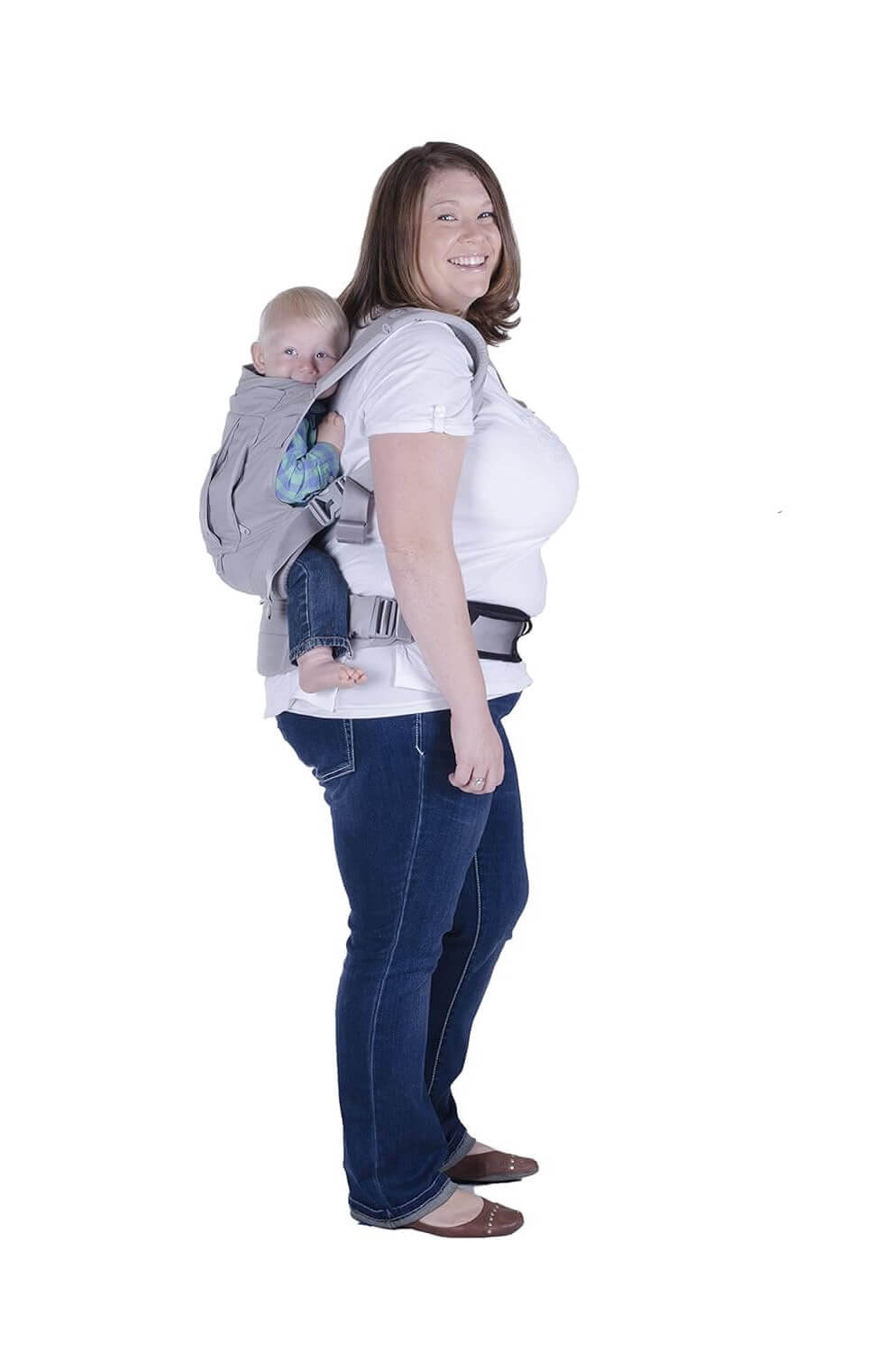 Side view of woman with baby wearing the Pure Carrier and Waist Pad by Onya Baby