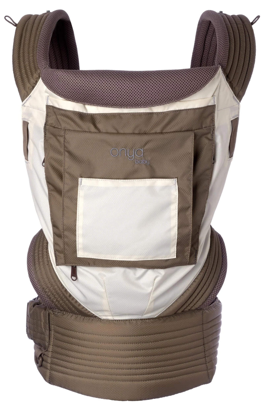 Front View of Chocolate Chip Colored Outback Baby Carrier by Onya Baby