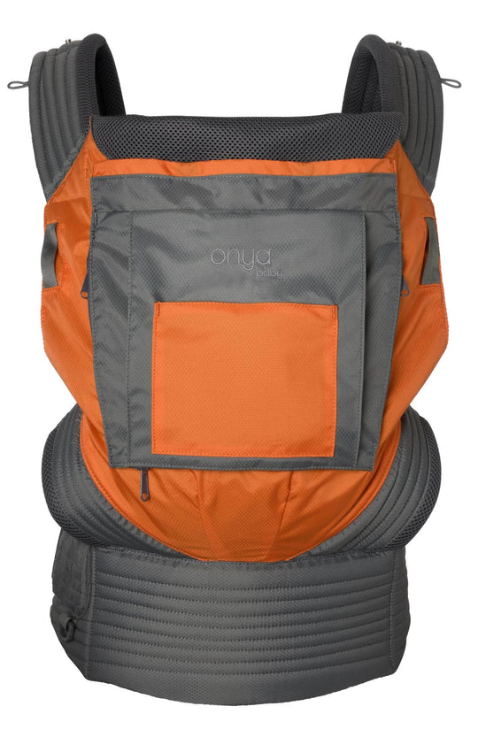 Front View of Orange Colored Outback Baby Carrier by Onya Baby