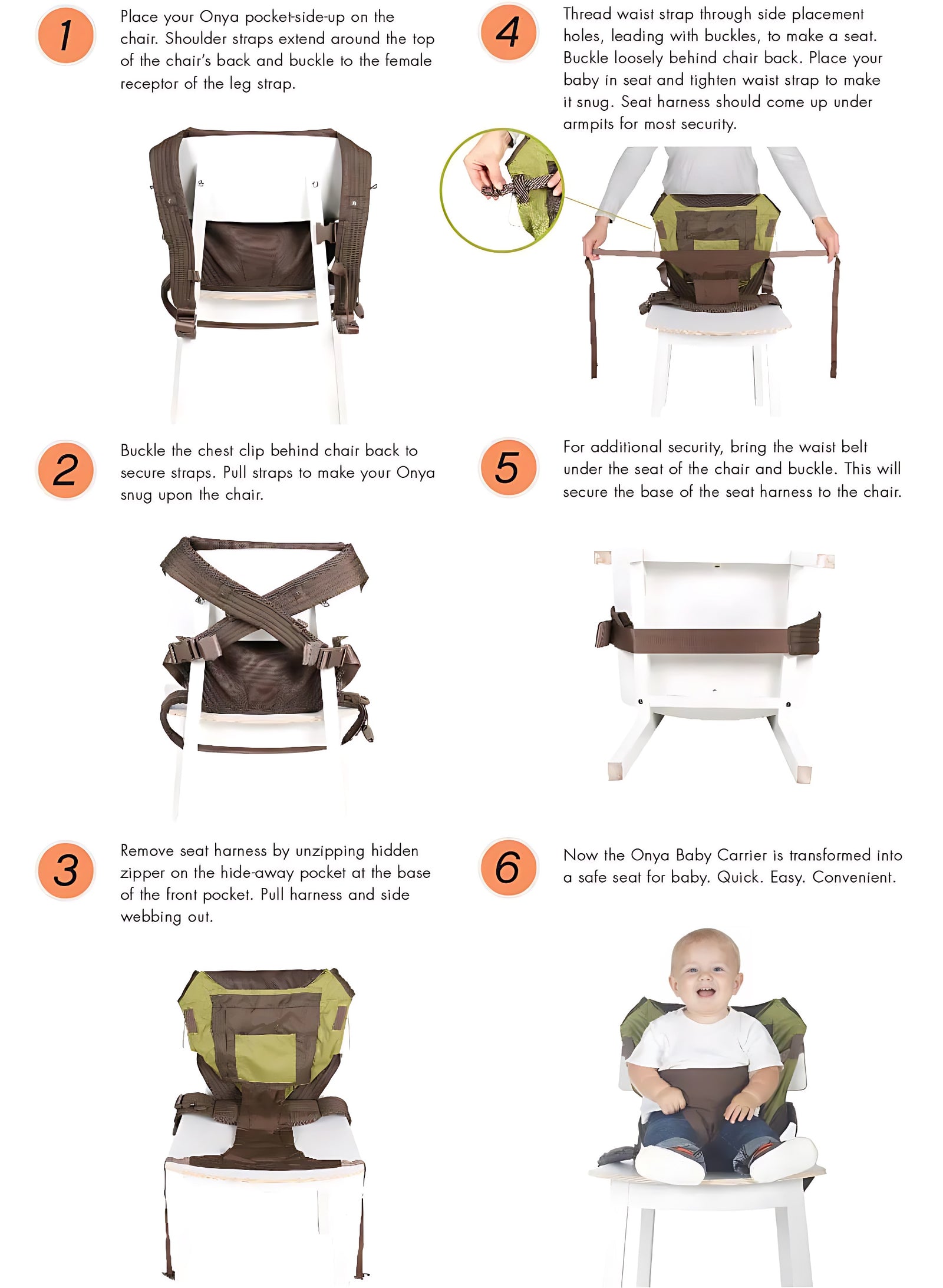 Onya Baby Integrated Carrier to Chair Walkthrough Infographic