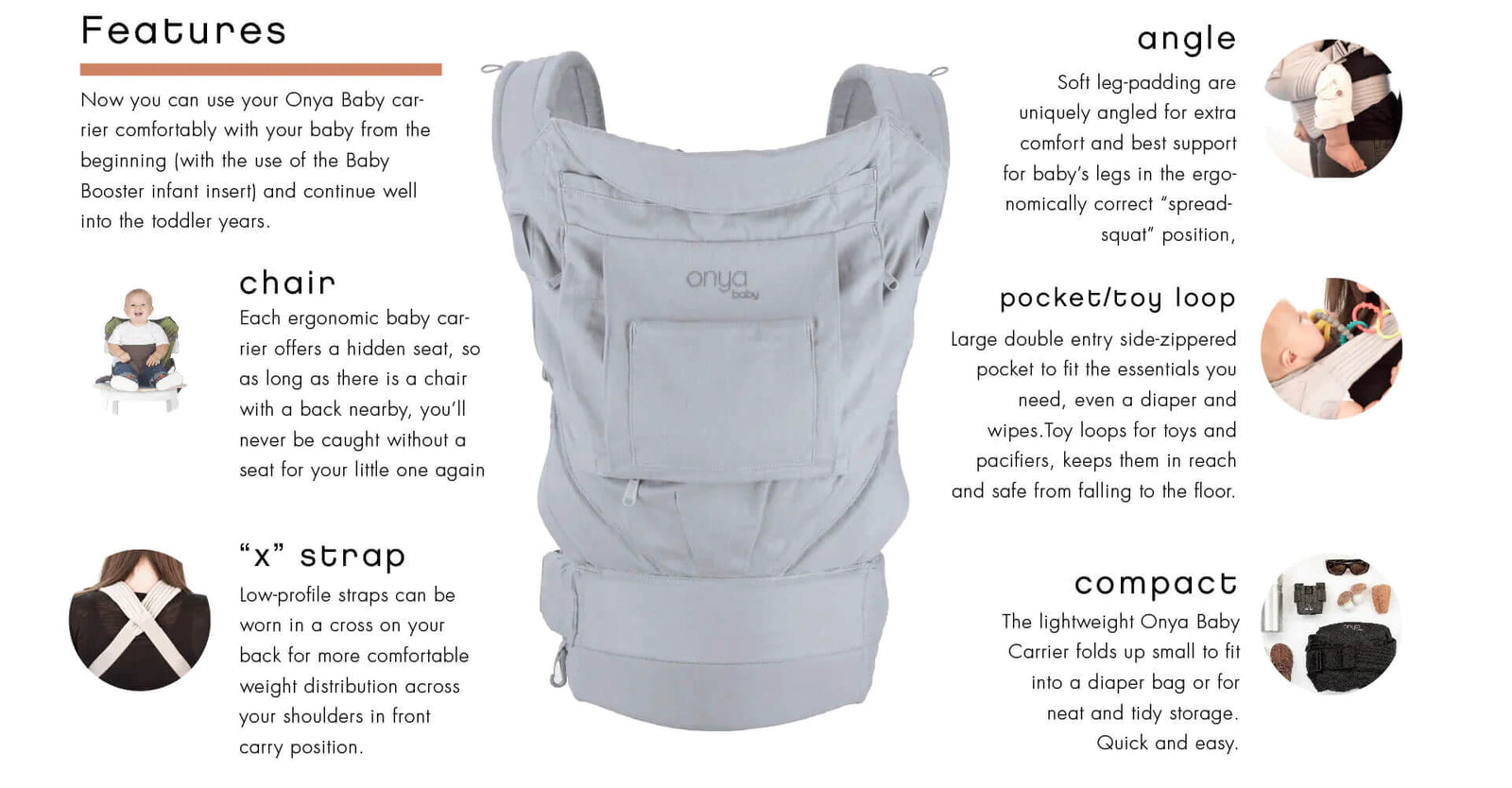 Product features display showing a list of features on the Onya Baby Cruiser Baby Carrier