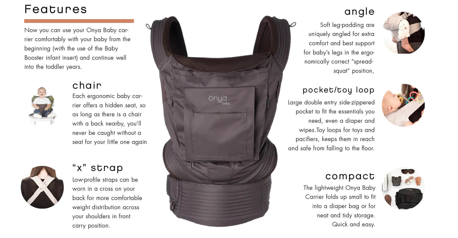 Product features display showing a list of features on the Onya Baby Nexstep Baby Carrier