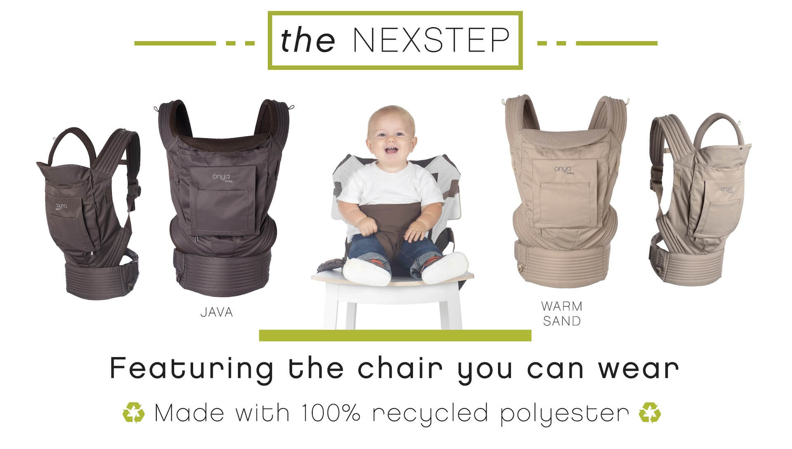 Product display showing all color variations of the Onya Baby Nexstep with baby sitting in Onya Baby Carrier converted to chair harness
