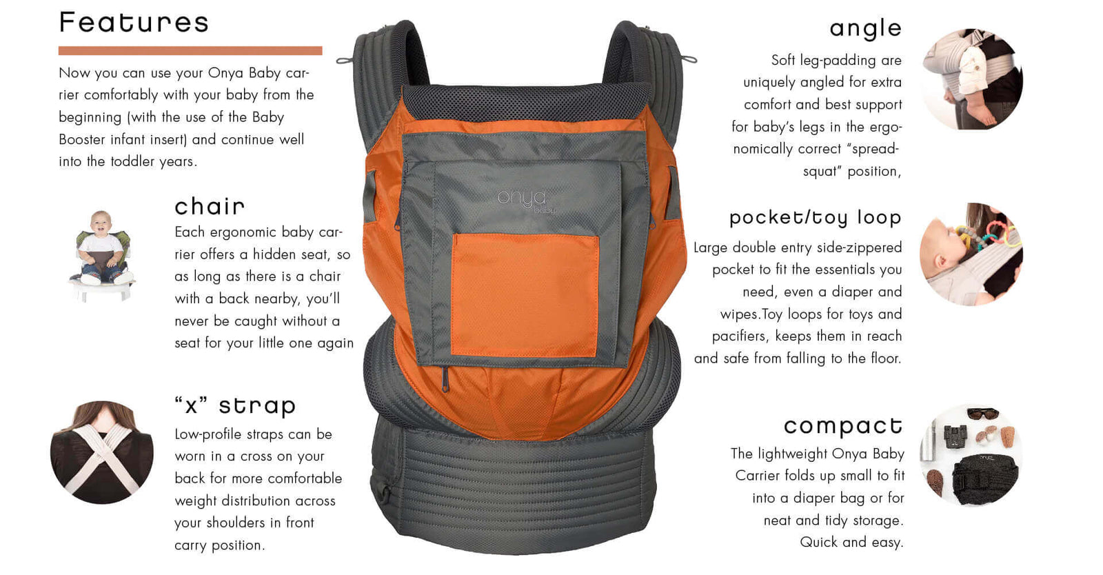 Product features display showing a list of features on the Onya Baby Outback Baby Carrier
