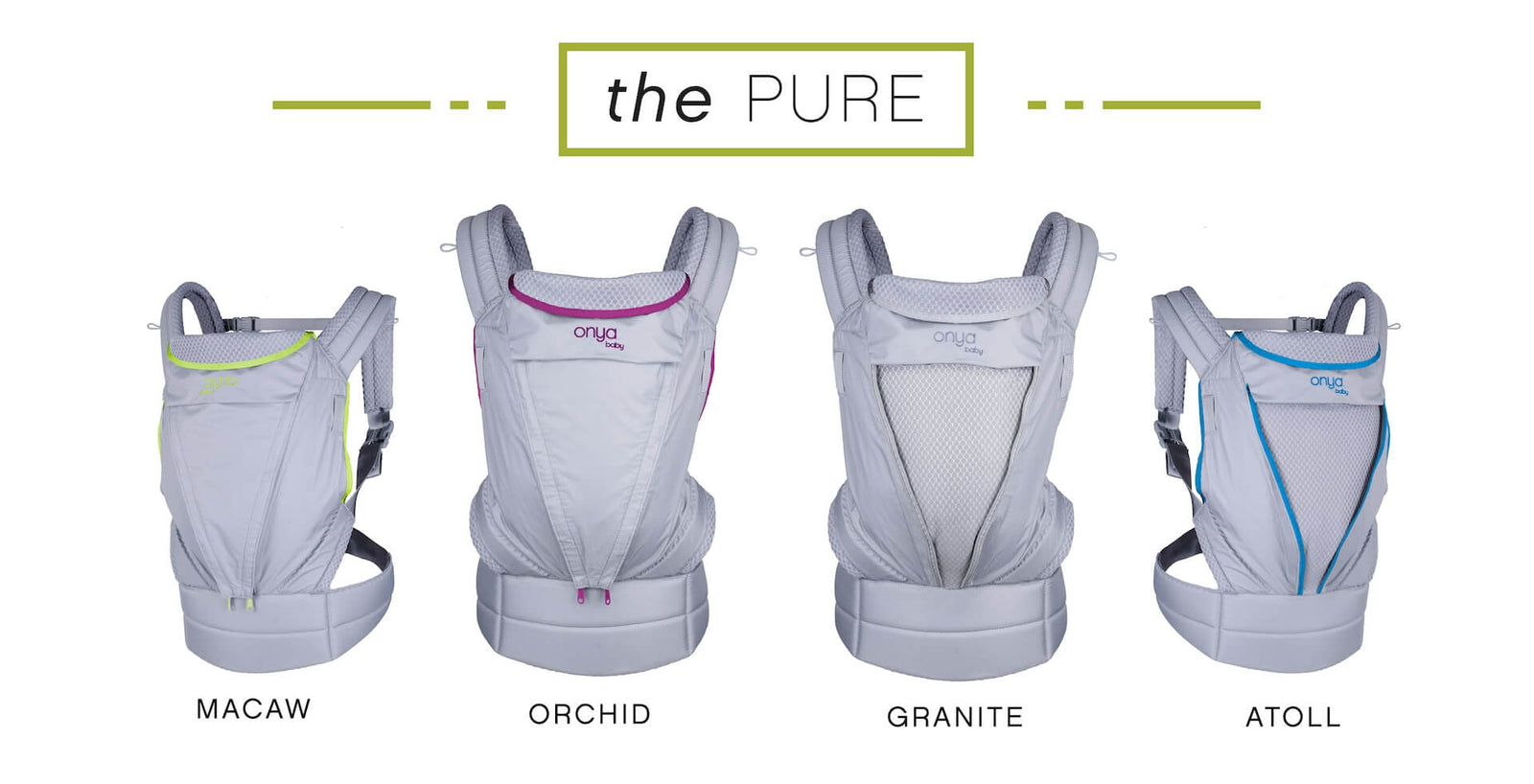 Product display showing all color variations of the Onya Baby Pure Baby Carrier